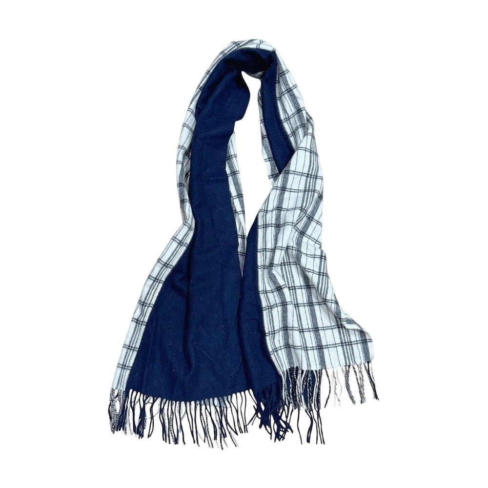 Madewell Plaid 100% Wool Scarf Fringe Two Tone Blue White Preppy Academia NWT